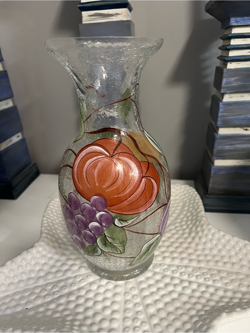 Fifth Avenue Crystal LTD Romania Handpainted Fruit Crackled Glass Vase 9”